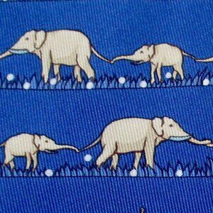 100% REAL HERMES TIE ~ BRIGHT BLUE w FUN CREAM LOVING ELEPHANTS WALKING IN GRASS